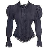Vibsion Victorian Blouse for Women Vintage Lace Ruffle Neck Puff Long Sleeve Shirt Tops