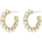 14K Gold Plated Earrings for Women Trendy White Pearl Earrings for Women Small Huggie Hoop Earrings Lightweight Open Circle Round Pearl Studs Earring Jewelry for Gift for Women Lover Wife Mom Birthday