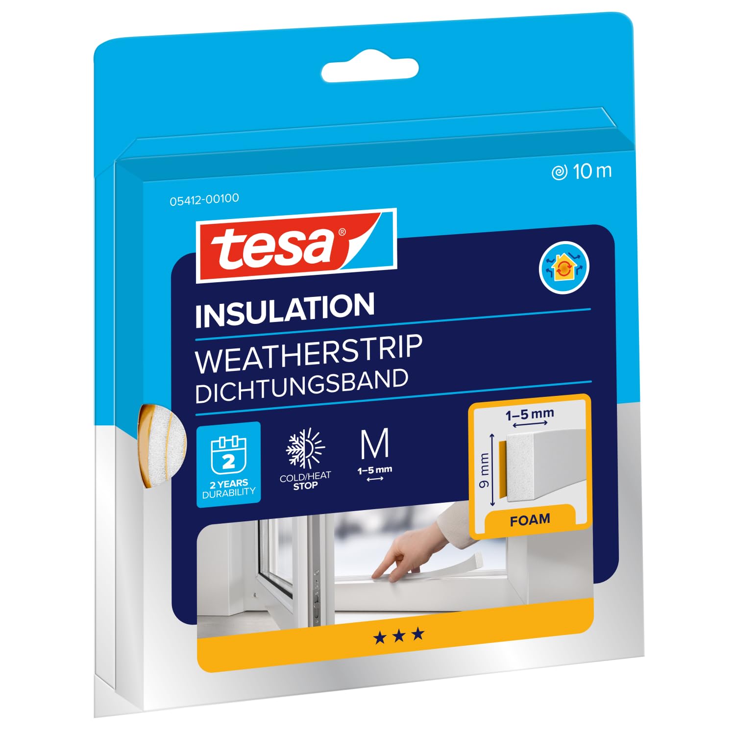 tesa INSULATION Dichtungsband - Schaumstoffdichtung zum Isolieren von Spalten im Haushalt, selbstklebend - Weiß - 10 m x 9 mm x 5,5 mm