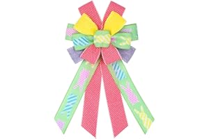 LANGFON Easter Wreath Bows, 4 Colors Green Yellow Red Strips Rabbits Burlap Bows for Wreaths - Easter Spots Burlap Tree Topper Bows for Holiday Front Door Wreath Decorations Indoor Outdoor