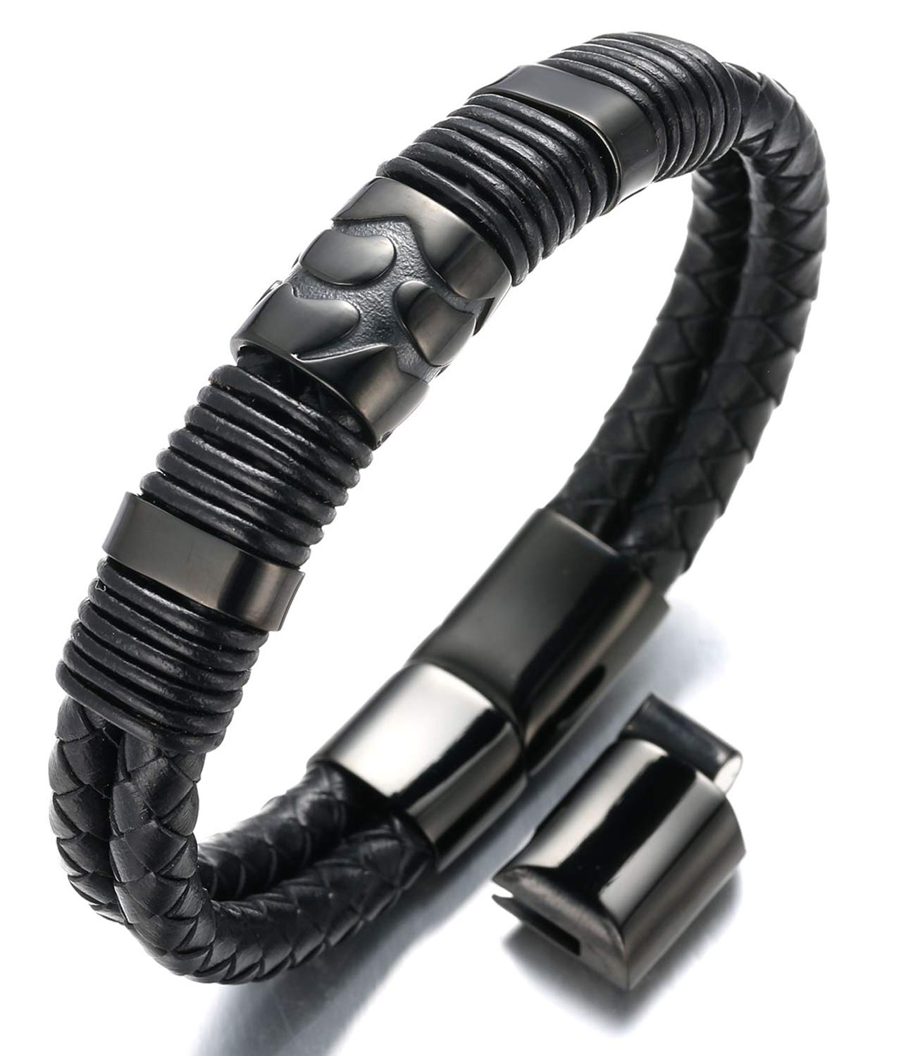 HALUKAKAH Plus ● Volcano ● Men's Genuine Leather Bracelet All Black with Titanium Magnetic Clasp Size Adjustable 8.5"-9"(21.5-23cm) with Free Giftbox