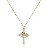 Moodear Cross Necklace for Women Trendy 14K Gold Plated Cross Pendant Necklace Dainty Cross Crown Rose Heart Charm Necklace for Women Fashion Religious Simple Gold Jewelry Gift