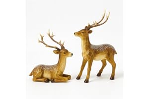 iStatue Resin Christmas Deer Figurines Set of 2 – Snow-Dusted Standing & Lying Pair Hand-Painted Gift-Ready Mantel Tabletop Holiday Reindeer Decor (Brown Reindeer)