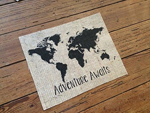 Burlap - "Adventure Awaits" - Travel Nursery Art Decor - Bridal Shower - Travel Themed Wedding - World Wander Wanderlust - Baby Shower Decor - World Map