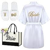 Berlune 3 Pcs Bride Robe for Wedding Day Set Bride Robes Slippers Tote Bag for Bridal Shower Gift Bachelorette Party
