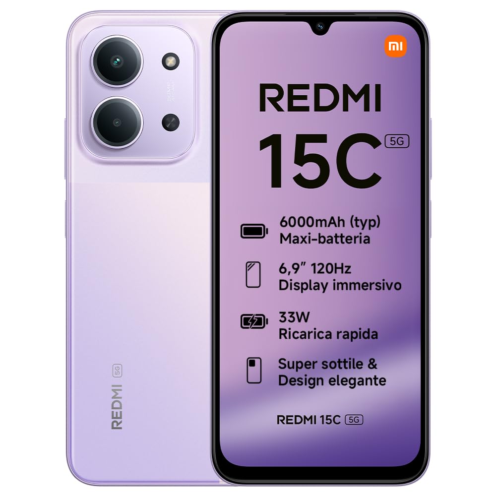 XIAOMI Redmi 15C 5G, Smartphone 4+256GB, Display 6,9" 120Hz, MediaTek Dimensity 6300, processore 5G, Dual camera AI 50MP, Mega batteria da 6000mAh, Garanzia 2 anni, Viola, Caricabatterie non incluso