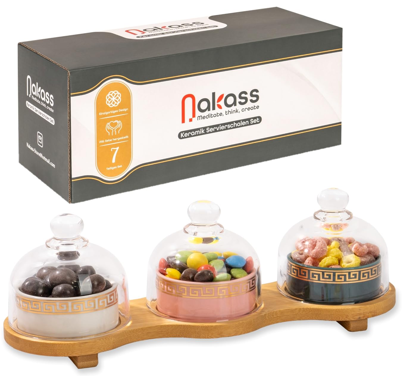 Nakass Set of 3 Ceramic Snack Bowls with Glassy Lids / Dessert Bowls with Bamboo Wooden Tray for Tapas and Decoration