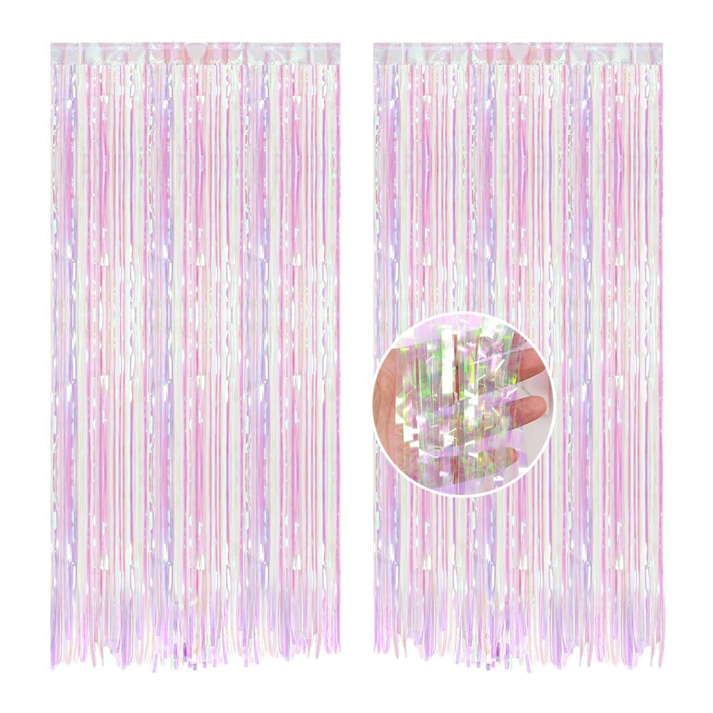 EASY JOY Rainbow Tinsel Foil Fringe Curtains, 2pcs 3ft X 8ft Pink Metallic Tassel Curtain Party Wall Back Drop Decoration for Graduation Wedding Disco Pastel Princess Party Decoration