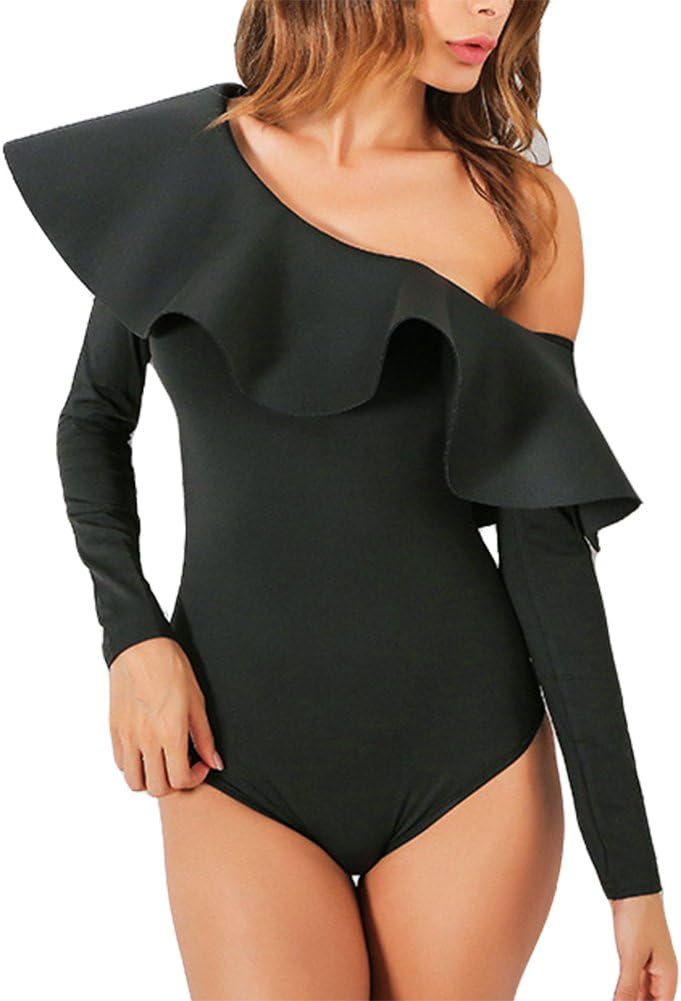 Antopmen Women's Slash Neck Long Sleeve Ruffles Bodysuit One Piece Jumpsuits