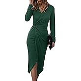 SHIBEVER Women's Long Sleeve Dress: Midi Casual V Neck Twist Waist Ribbed Knit Bodycon Slit Cocktail Party Dresses