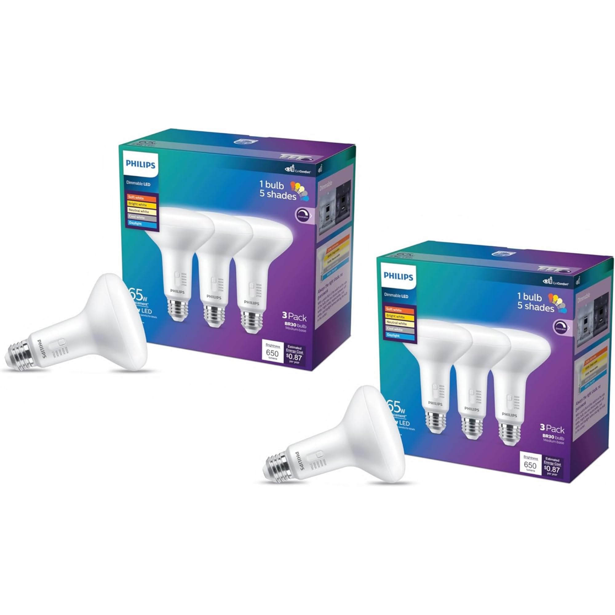 Photo 1 of Philips LED 65W BR30 6-Pack Selectable White Multi-CCT 650 Lumen (7.2 = 65W) Dimmable Frosted Flicker-Free Light Bulbs