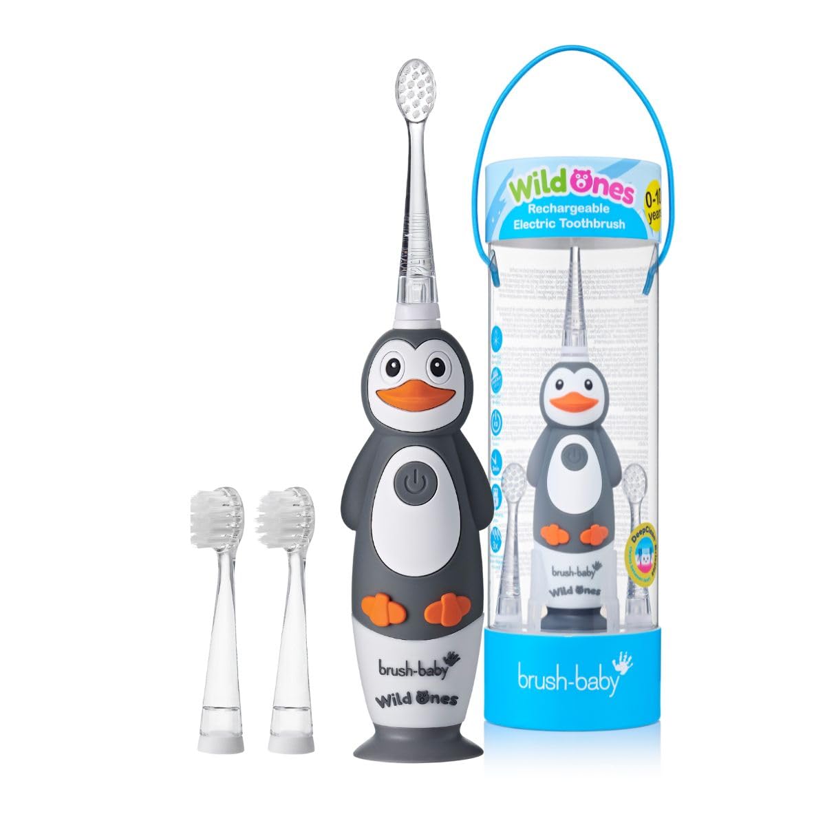 Brush-Baby - Kids Rechargeable Electric Toothbrush, 0-10 Years - WildOnes, Penguin Design with Flashing Lights - DeepClean Bristles for Superior Clean - 2X Replacement Heads, 1x USB Cable — image 1