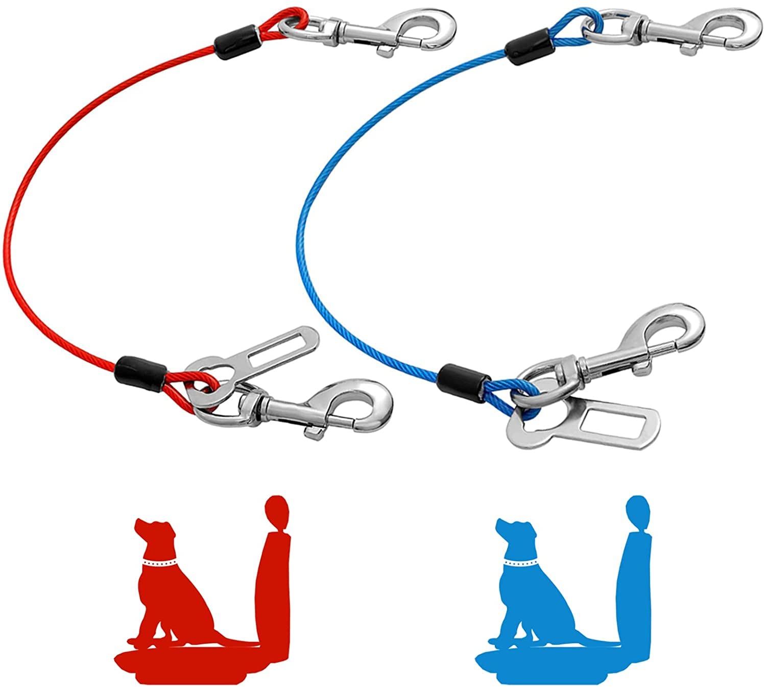Mi Metty Dog Car Seat Belt, Dog Car Harnesses Chew Proof Steel Rope Cable, Waterproof Dogs Safety Belt, Vehicle Harnesses with Double Clips and Latch Attachment (Red+Blue, 16 inch/40 CM)