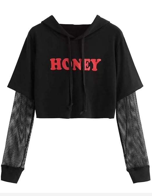 Bauchfreier Pulli Mädchen, Damen Hoodie Pullover Bauchfrei Brief Drucken Mesh Langarm Kapuzen Sweatshirt Kapuzenpullover Kurz