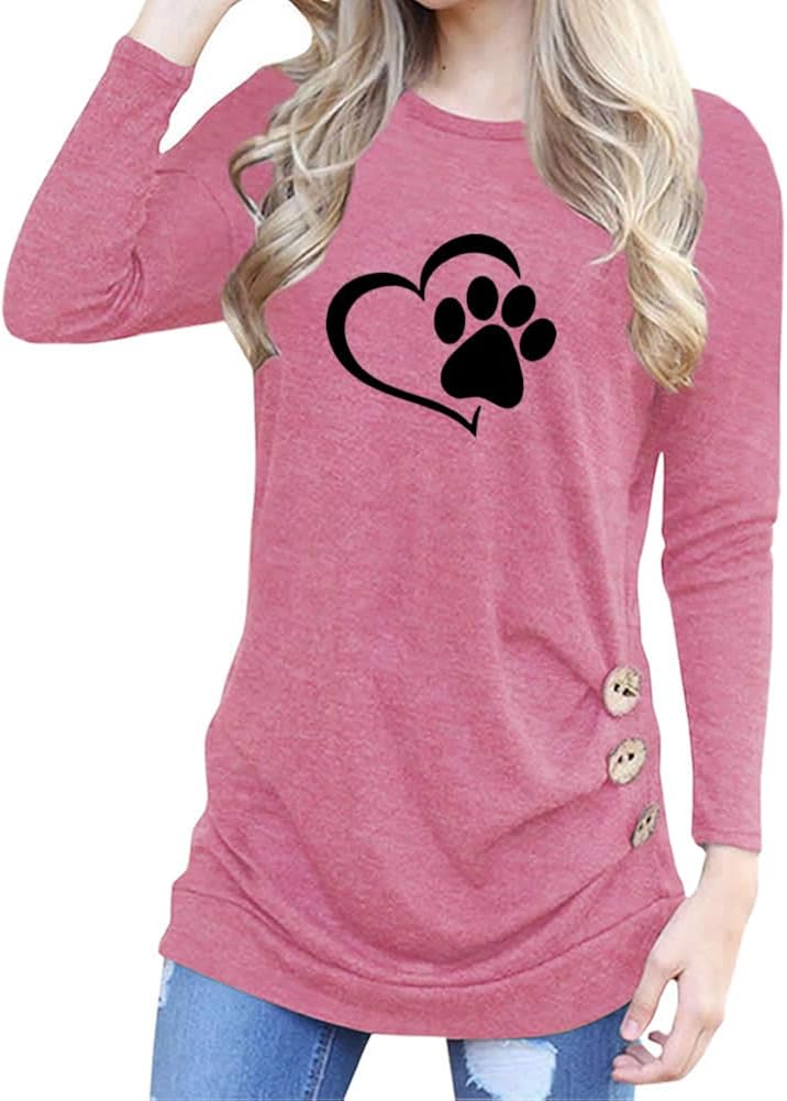 Amazon.com: Funny Cute Love Dog Paw Print Cotton Button Decoration Long Sleeve T-Shirt for Women 