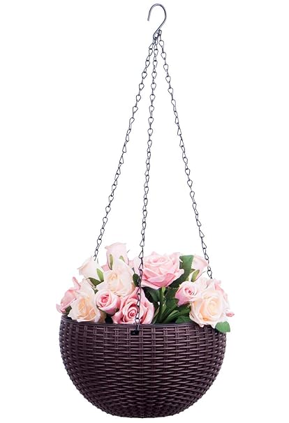 grofly Round Basket Hanging Planter Dual-pots Design Garden Flower Plant Pots Hanging Planter Baskets with Drainer and Chain for Indoor Outdoor Use