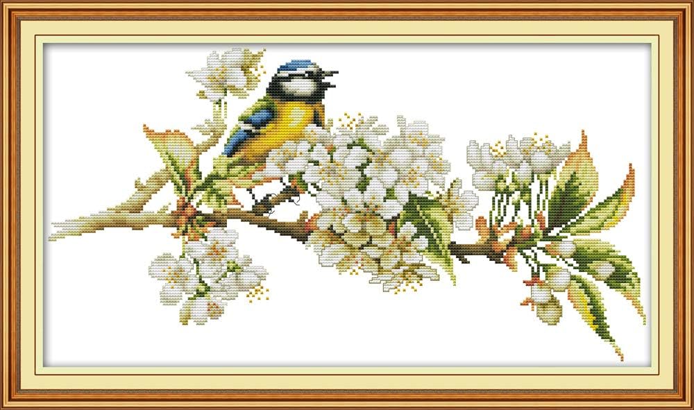 CaptainCrafts Hot New Releases DIY Art Cross Stitch Kits Needlecrafts Patterns Counted Embroidery Kit - Bird and Flowers (White)