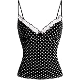 BEAUDRM Women's Polka Dots Cami Tops Coquette Mesh Lace Trim V Neck Ruffle Hem Camisole Spaghetti Strap Y2k Tops