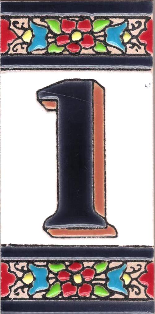 TORO DEL ORO House Numbers & Letters on Enamel Ceramic Tile Hand Painted Technical Dry Rope Names & Address Design Medium Flower 5.5 x 10.5 cm (Number One"1")