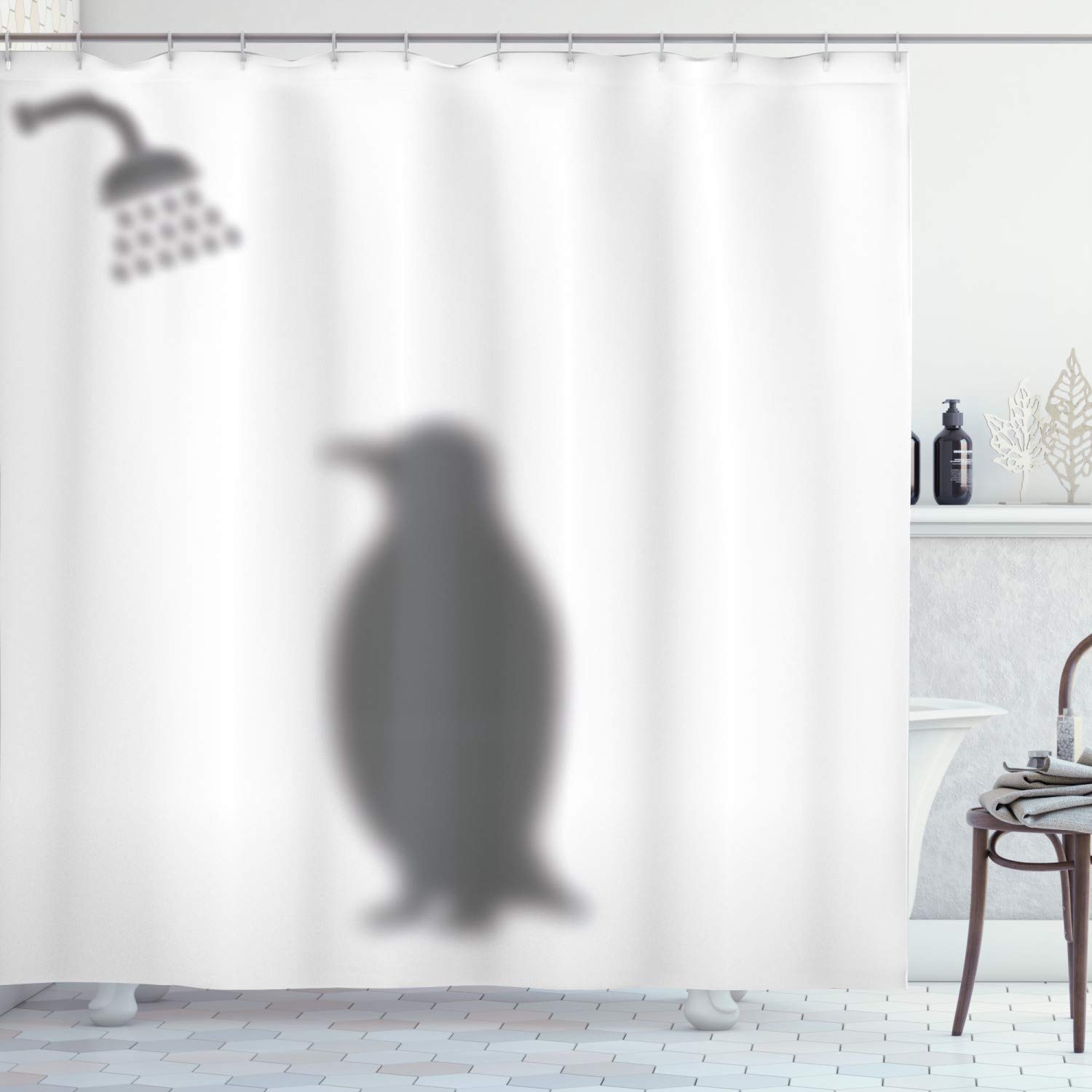 ABAKUHAUS Penguin Shower Curtain, Illustration with Polar Animal Silhouette Showering Simplistic Composition, Cloth Fabric Bathroom Decor Set with Hooks, 175 x 180 cm, Grey And White