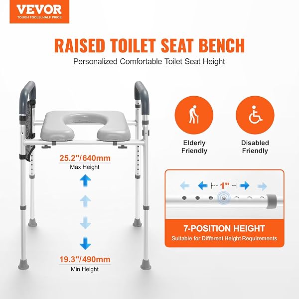 VEVOR RAISED TOILET SEAT, 7-POSITION HEIGHT ADJUSTMENT 19.3″ – 25.2″, 350LBS WEIGHT CAPACITY, WITH COMFORT PADDED ALUMINUM FRAME, UNIVERSAL TOILET SEAT RISER, FOR ELDERLY, HANDICAP, PREGNANT, MEDICAL