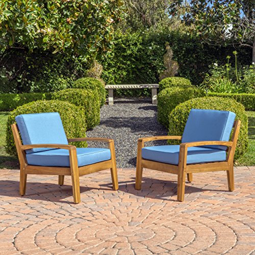 UPC 637162973974, Parma 4 Piece Outdoor Wood Patio Furniture Chat Set w/ Water Resistant Cushions (Set of Two Chairs, Blue)