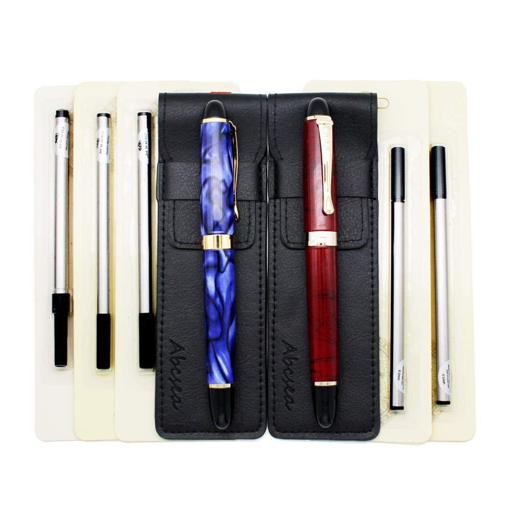 Abcsea Jinhao 2pcs 450pcs Fine Point Ballpoint Pens, Black Fineliner Pens (Red Grass and Blue Flower), with 5pcs Replacement for Standard Black Rollerball Pen 0.5mm