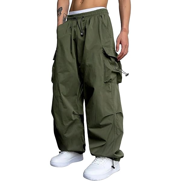 Men's Parachute Cargo Pants Baggy Casual Loose Fit Hip Hop Harem