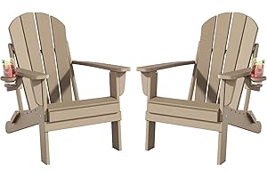 Adiromoti Folding Adirondack Chairs Set of 2, All-Weather Resistant HDPE Patio Firepit Chairs, Sturdy Outside Chairs with Cup Holder, Lawn Chairs, 80% Pre-installed Load Capacity 385lb, Weathered Wood