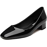 DEMOSHINE Women's Low Block Heel Pumps Slip On Square Close Toe Chunky Heels Comfortable Office Work Business Casual Professional Patent Dress Shoes 1.2 Inch