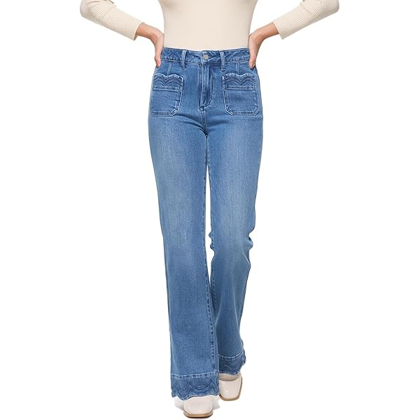 Jeans De Campana De Cintura Alta En Azul, Tela Suave Y Elástica, Ideal