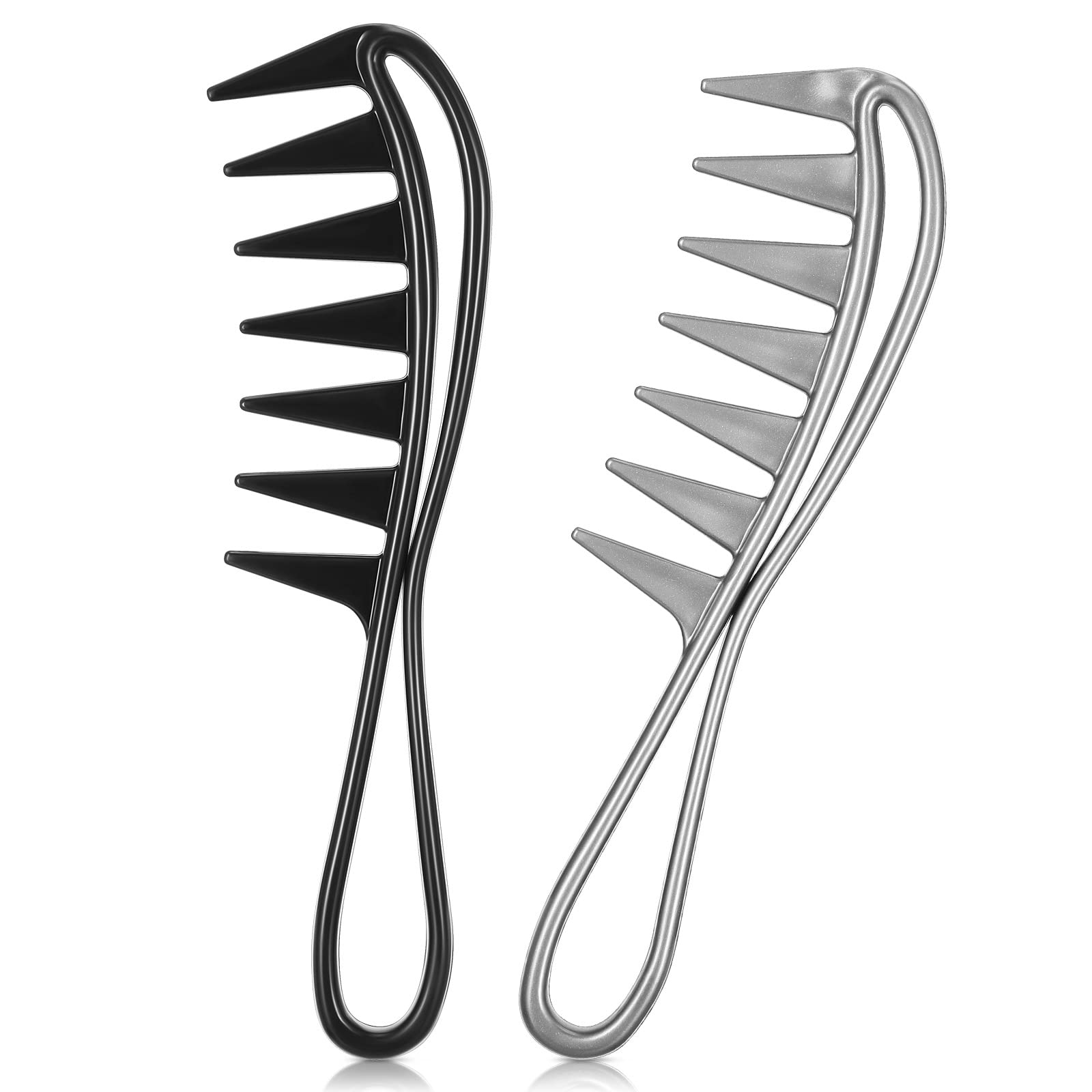 2 Pcs Wide Tooth Shark Combs Salon Large Teeth Combs Afro Comb Curl Comb Hairstyle Comb Durable Hair Brush with Handle Antistatic Curly Hair Salon Barber Comb for Hair Styling Tool (Black, Grey)
