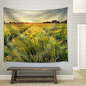 Rural Landscape with Wheat Field on Sunset - Fabric Wall Tapestry Home Decor - 51x60 inches