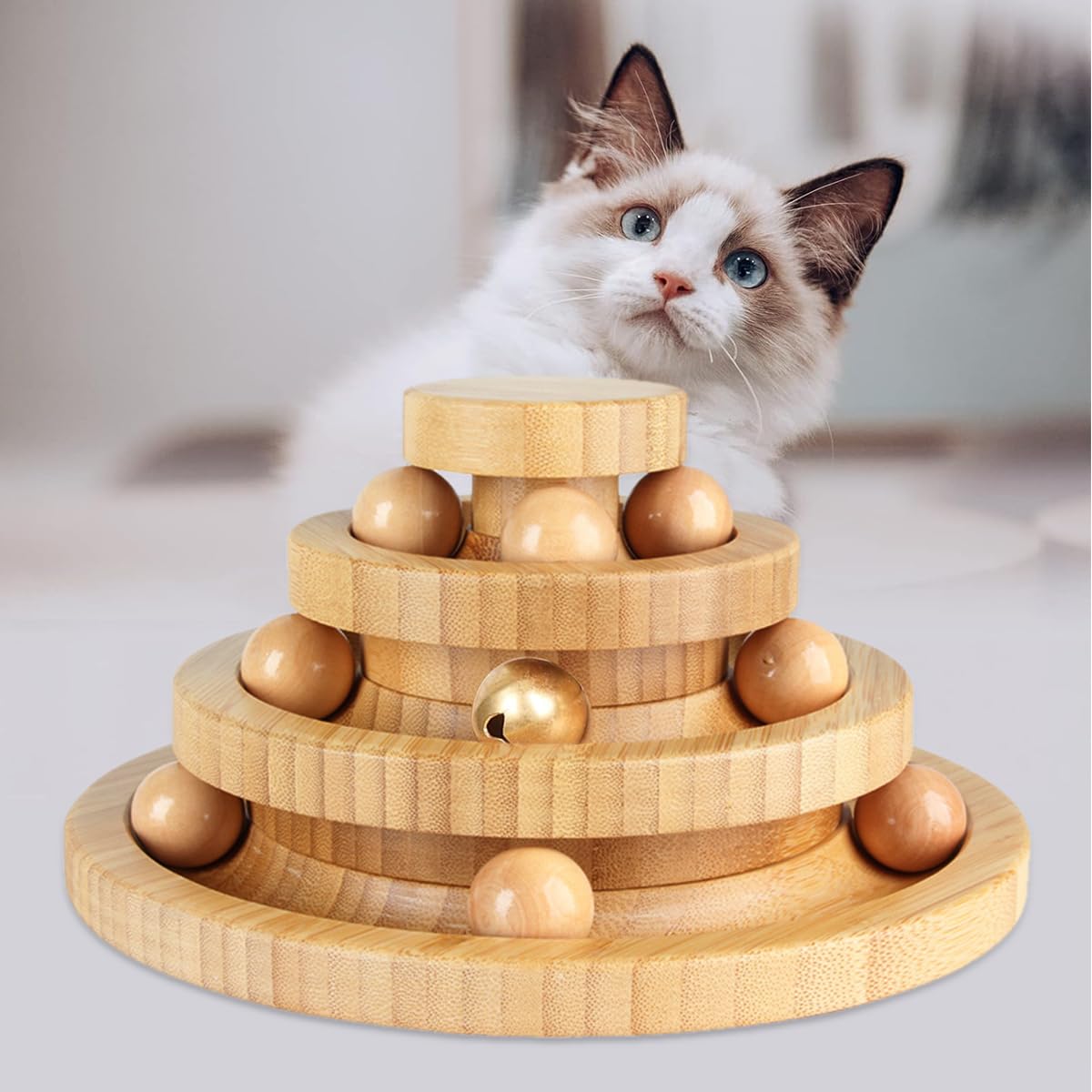 猫 おもちゃ ボール 木製 一人遊び 猫おもちゃ ねこ おもちゃ 猫じゃらし ネコ 竹製 ボール回転盤 猫じゃらし ボール 回転 タワー ぐるぐる 遊ぶ盤 猫 玩具 ねこじゃらし 猫遊び ひとり遊び 猫用品 ペット用品 遊べる 運動不足 ストレス解消 (ブラウン) の商品画像