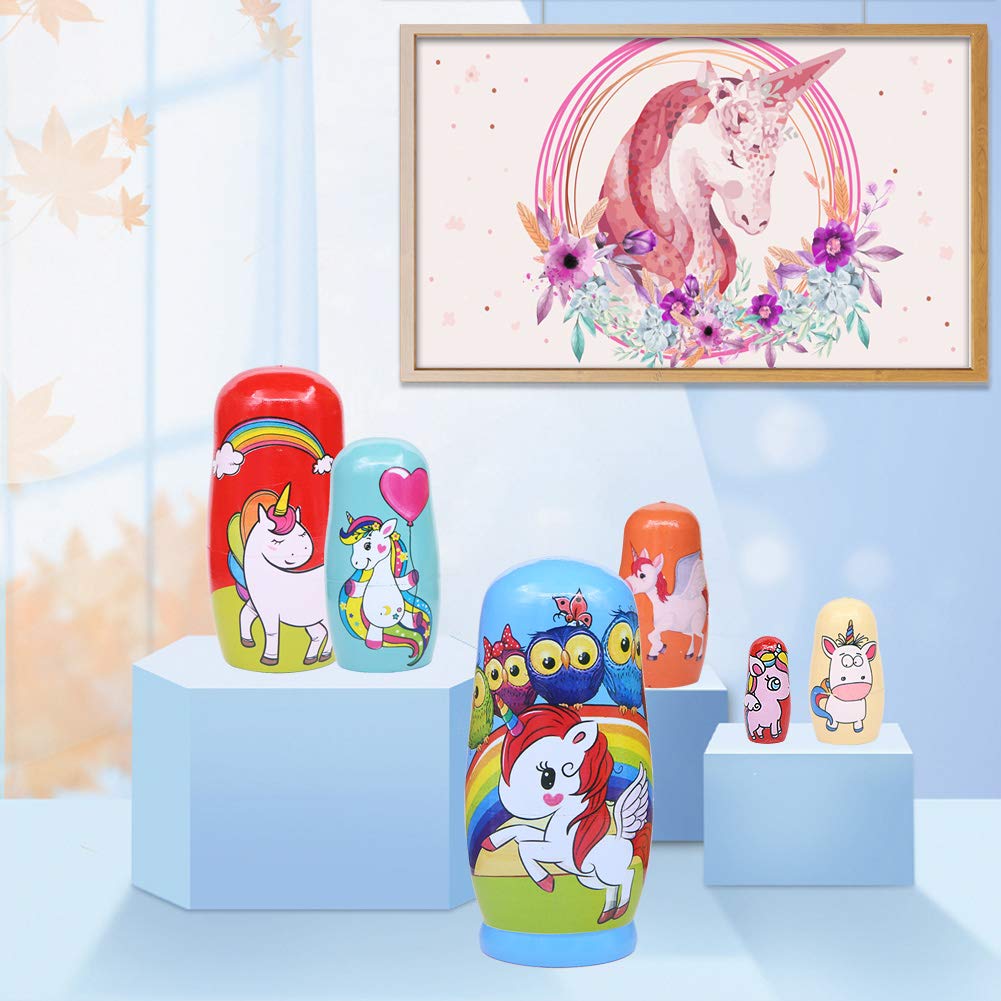 Winterworm Set of 6 Lovely Unicorn Wooden Russian Nesting Dolls Matryoshka Doll for Home Decoration Kids Stacking Dolls Toy Birthday