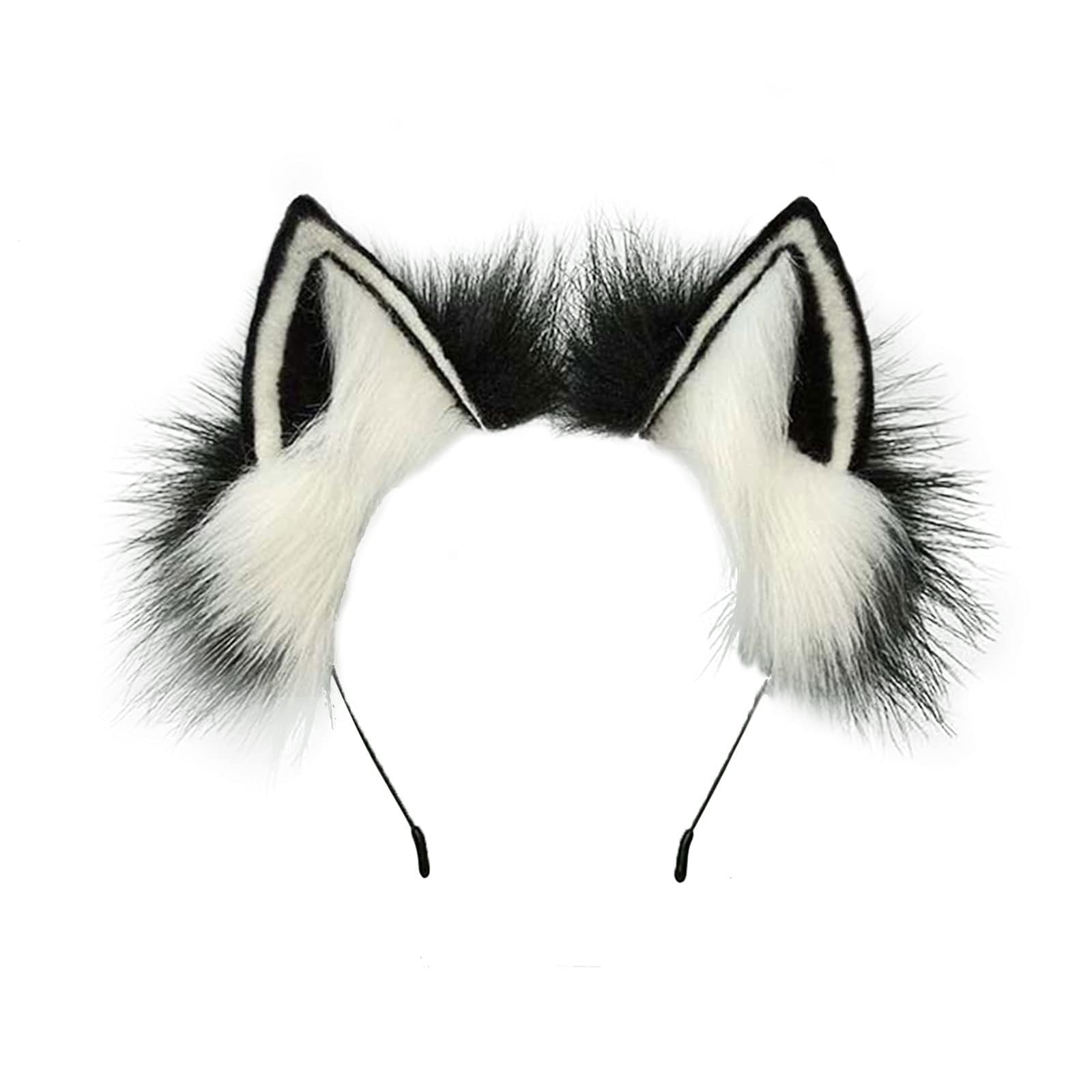 MIVAIUN Handmade Faux Fur Cat Ear Headband Artificial Cat Ear Headband Animal Costume Accessory Halloween Animal Headbands for Halloween Thanksgiving Party Cosplay (Black and White)