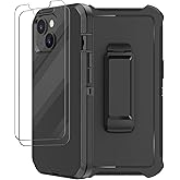 RubCase for iPhone 14 Case (6.1”) with Belt Clip Holster, 2X Screen Protector, Heavy Duty Military Grade Full Body Shockproof Dust-Proof Drop Proof Rugged Protective Cover for iPhone 14 Black
