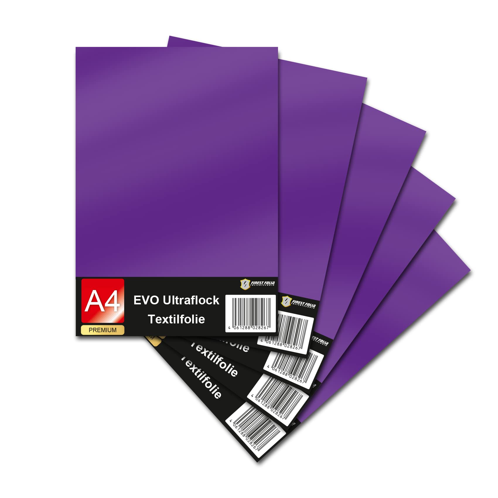 Evo Ultraflock Textile Film for Plotter, 33 Colours, Flock Film in DIN A4 Format, 30 x 20 cm, Plotter Film for Fabric, Clothing, T-Shirt, Flock Film Accessories (Set of 5, 013 Purple)