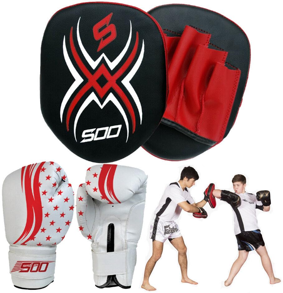 Kids Junior Focus Pads Set Hook & Jabs Pads Coaching Pad Pro Boxing Mitts Sparing Gloves Punching MMA Karate Training Mitten Target Hand Striking Shield (Red/White)