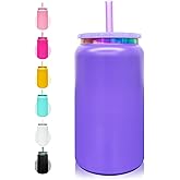 Glass Cups with Lids and Straws, 16 oz Stainless Steel Cups, Insulated Skinny Tumbler, Powder Coated Travel Mugs for Laser Engrave, Iced Coffee Cup for Smoothie Water DIY Gift (Purple,1 pack)