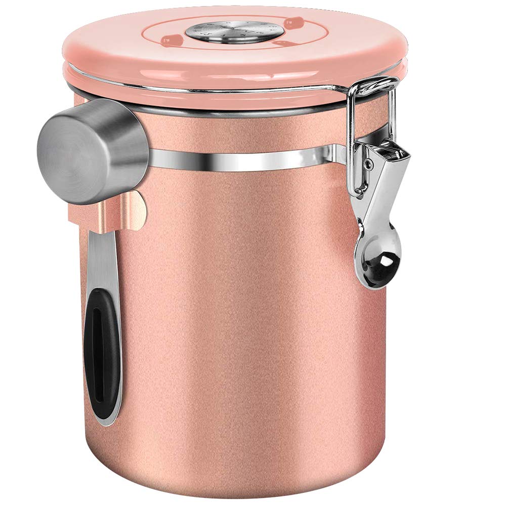 NEX Coffee Canister, Airtight Stainless Steel Storage Container with One Way Co2 Valve, Scoop and Date Tracker, Large Capacity Coffee Jar, 22oz, Rose Gold