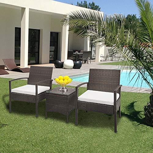 Z ZTDM Patio Porch Rattan Sofa Set, 3-Piece Wicker Chair Sectional, Beige Cushion with Table, All-Weather Waterproof Outdoor/Indoor Use Backyard Poolside Garden Balcony Lawn