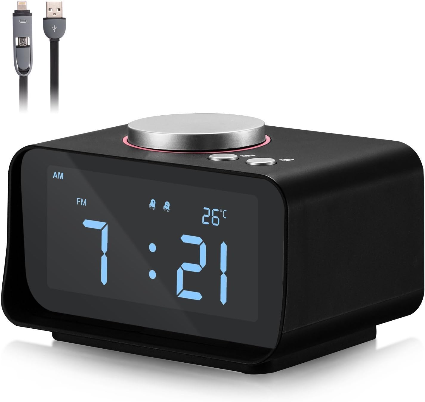Alarm Clock FM Radio Fywonder, Dual USB Charger Port, Indoor Thermometer, AUX-IN Speaker, Brightness Dimmer Night light, Snooze and Dual Alarm Smart Digital Alarm Clock for Car Travel, Hotel, Bedroom