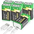 6-Pack Rechargeable 9V Batteries, High Capacity 1300mAh 9 Volt Lithium-ion Long Lasting Power, USB-C Recharge with 2 in 1 Charging Cable for Smoke Alarms,Multimeters,Toys,Microphones,Walkie-Talkie