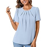 ALIGADUO Womens Summer Basic Chiffon Blouse Pleated Crewneck Shirts Casual Trendy Tops
