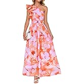 ZESICA Women's 2026 Boho Floral Sleeveless Maxi Dress Ruffle One Shoulder Elatsic High Waist Beach Party Long Dresses