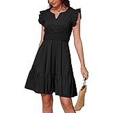 Jayscreate Women's Ruffle Sleeve Layered Dress Pockets Elastic Waist 2025 V Neck Above Knee Summer Casual Cute Dress