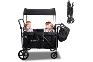 Voupou Wagon Stroller Folding Wagon Push-Pull Stroller Four-Wheel Trolley for 4 Kids with 5-Point Harnesses Safety Belt,Detachable Seats,Removable Canopy,Double Push bar for 1-5y+ Kids