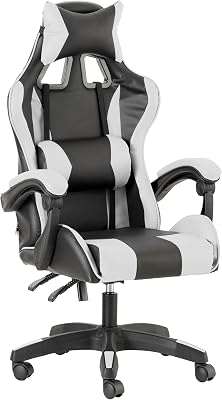 Chaise de Gaming, Chase de Jeux Ergonomique Chaise de Bureau avec Confortable Dossier réglable, Appui-tête et Soutien Lombaire, Blanc