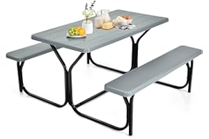 ORALNER Picnic Table, Resin Dining Table & 2 Benches Set, Weather Resistant Wood Grain Tabletop & Steel Frame, Plastic Picnic